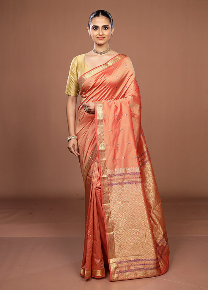 Peach Kanjivaram Silk Saree With Blouse Piece