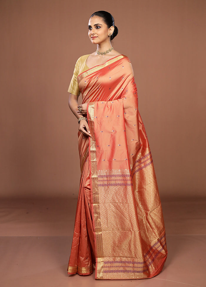 Peach Kanjivaram Silk Saree With Blouse Piece