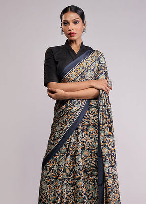 Blue Printed Silk Saree With Blouse Piece