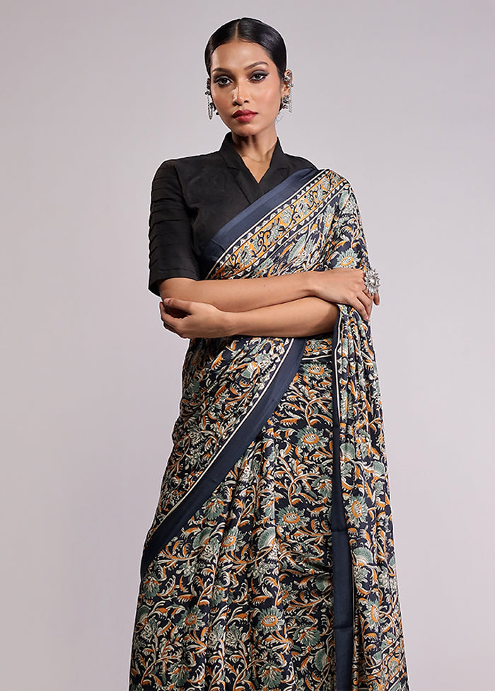 Blue Printed Silk Saree With Blouse Piece