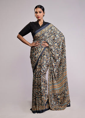 Blue Printed Silk Saree Without Blouse Piece