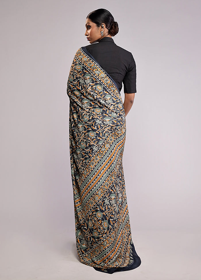 Blue Printed Silk Saree With Blouse Piece