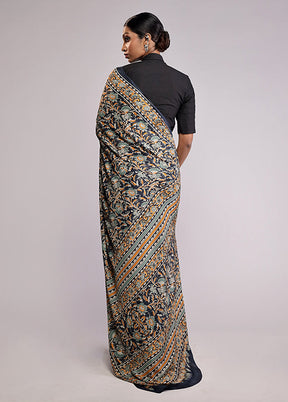 Blue Printed Silk Saree With Blouse Piece