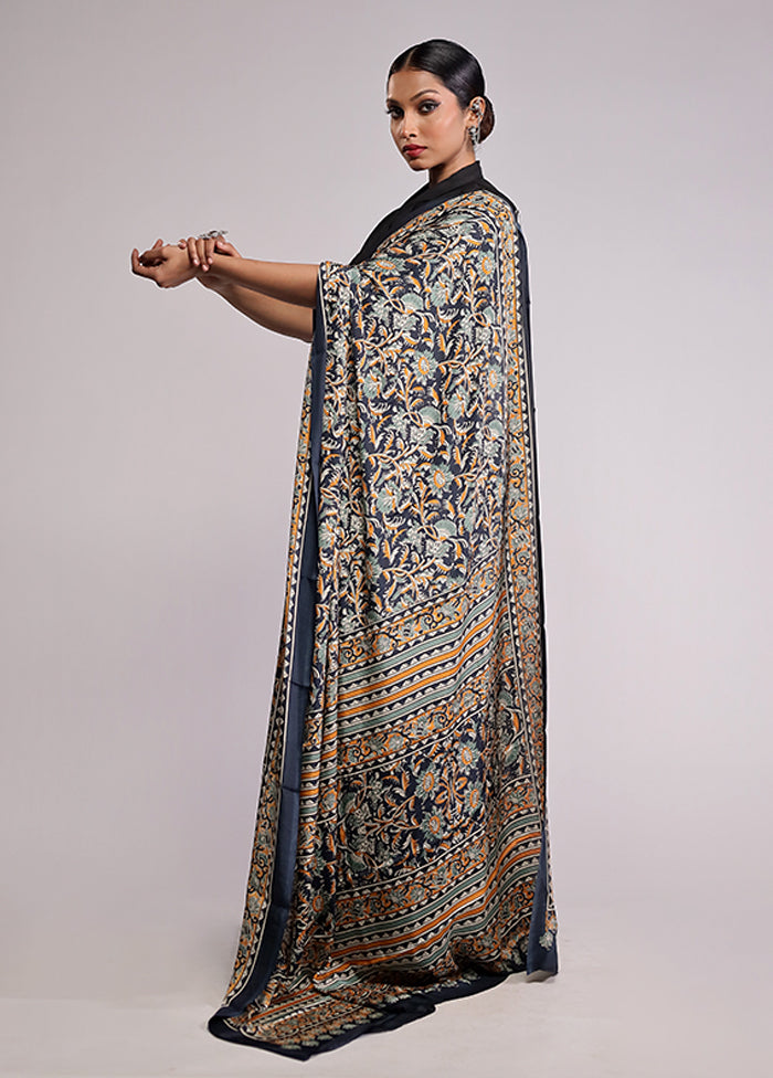 Blue Printed Silk Saree Without Blouse Piece