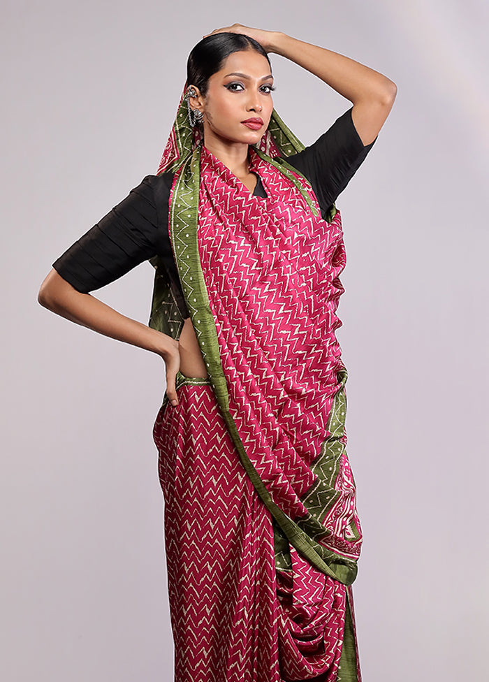 Pink Printed Silk Saree With Blouse Piece