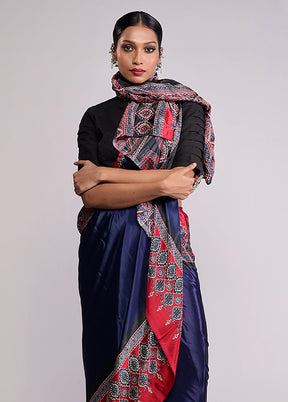 Blue Printed Silk Saree With Blouse Piece