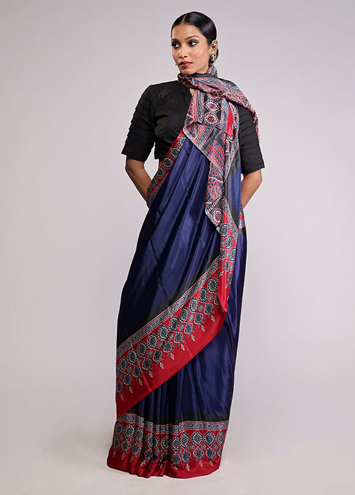Blue Printed Silk Saree With Blouse Piece