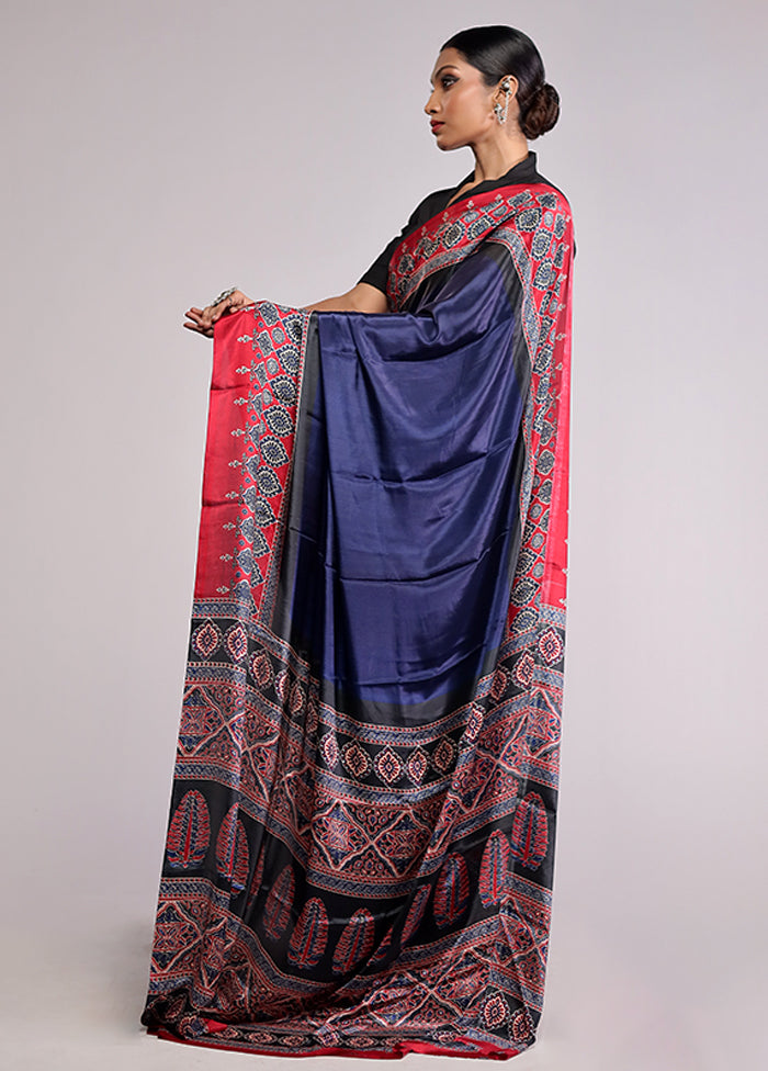 Blue Printed Silk Saree With Blouse Piece