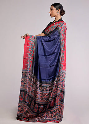 Blue Printed Silk Saree With Blouse Piece