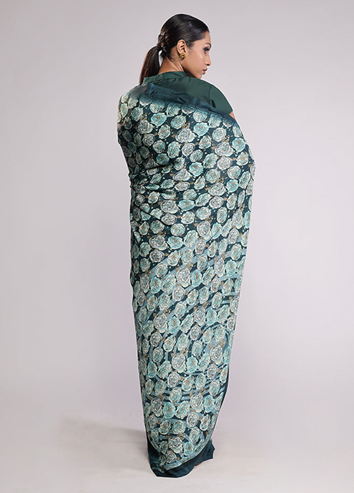Green Printed Silk Saree Without Blouse Piece