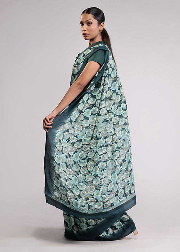 Green Printed Silk Saree Without Blouse Piece