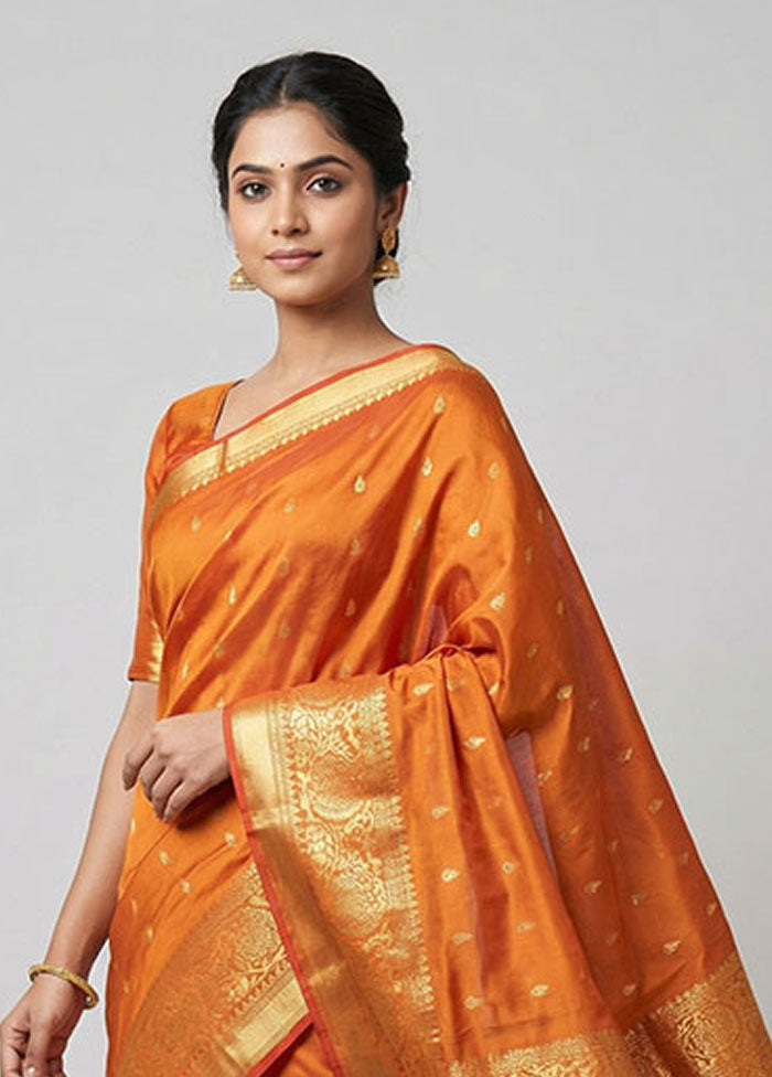 Rust Kanjivaram Silk Saree With Blouse Piece