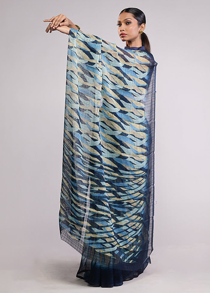 Blue Chiffon Silk Saree With Blouse Piece