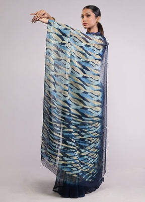 Blue Chiffon Silk Saree With Blouse Piece