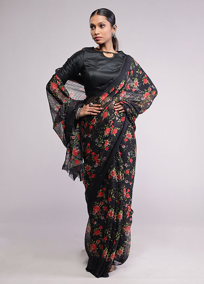 Black Chiffon Silk Saree With Blouse Piece
