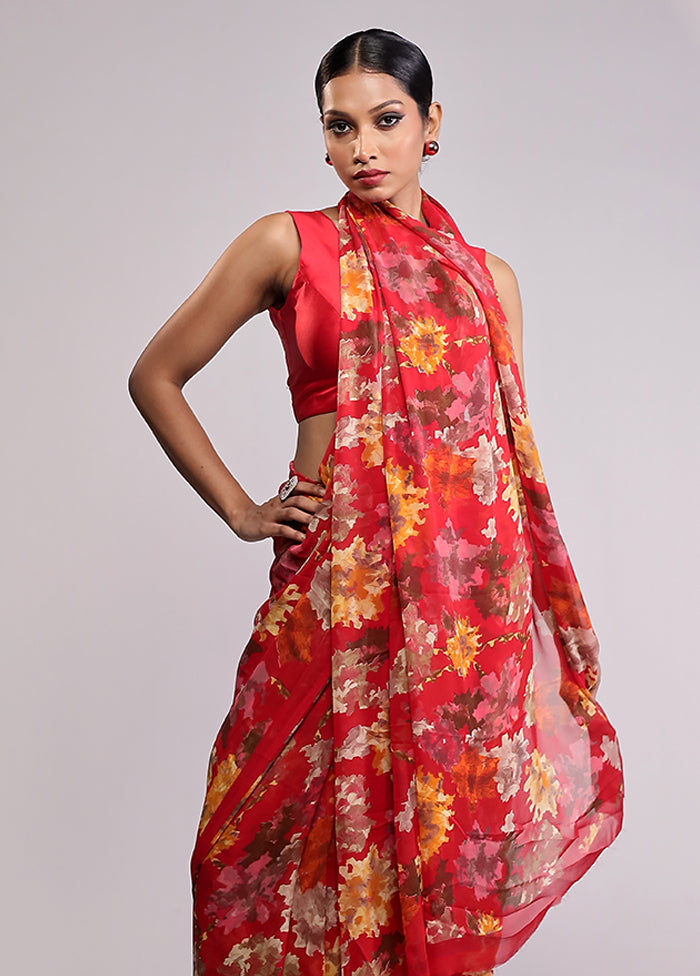 Red Chiffon Silk Saree With Blouse Piece