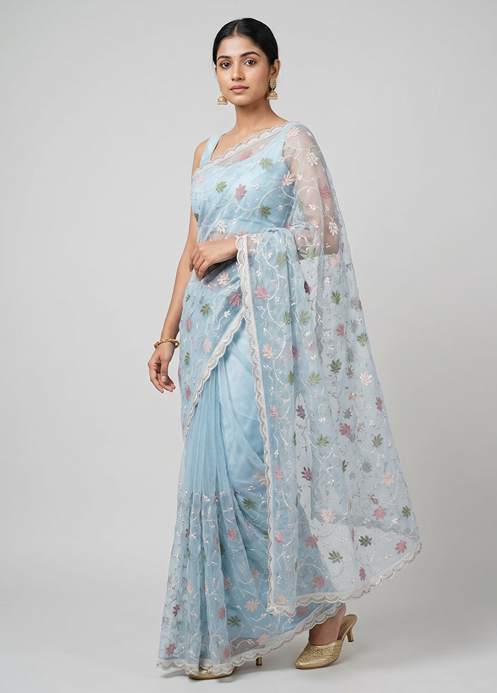 Blue Organza Saree With Blouse Piece