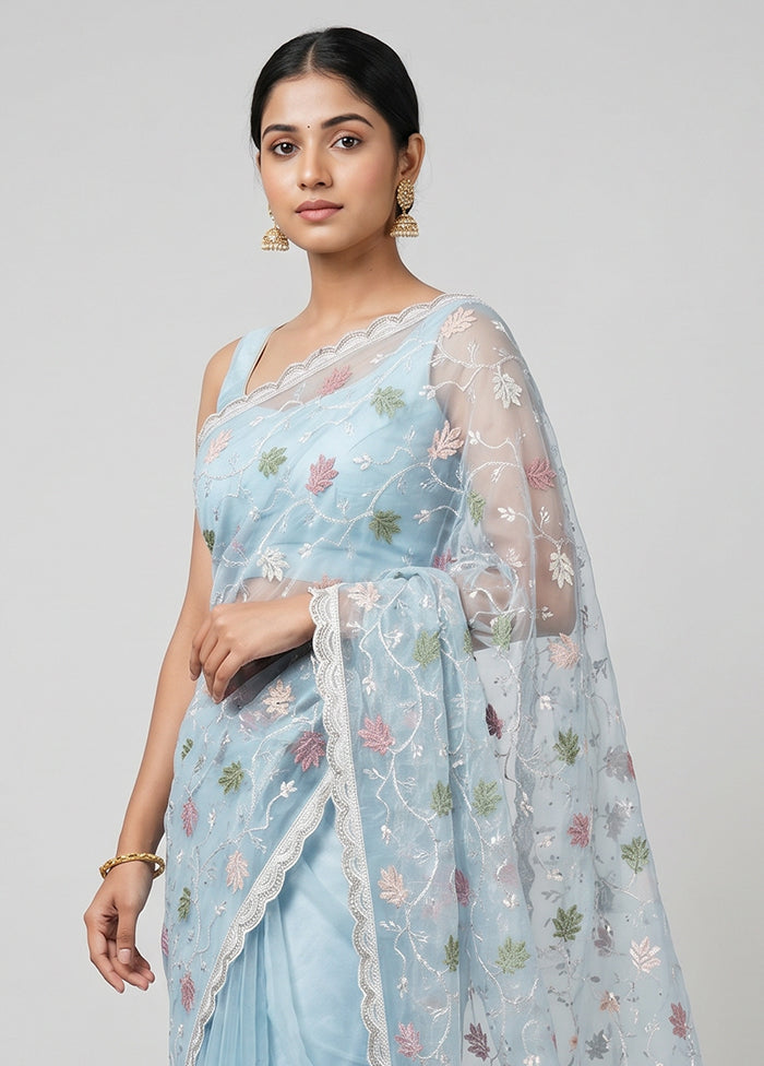 Blue Organza Saree With Blouse Piece