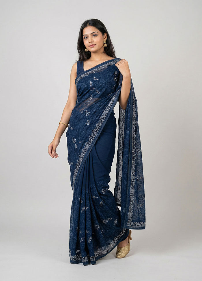 Blue Chiffon Silk Saree With Blouse Piece