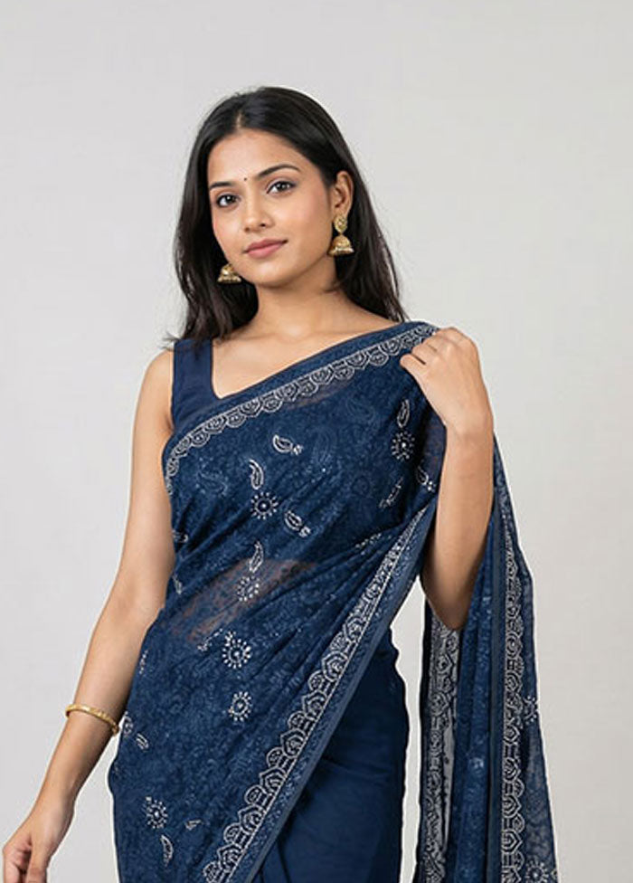 Blue Chiffon Silk Saree With Blouse Piece