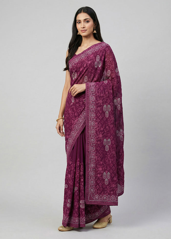 Purple Chiffon Silk Saree With Blouse Piece