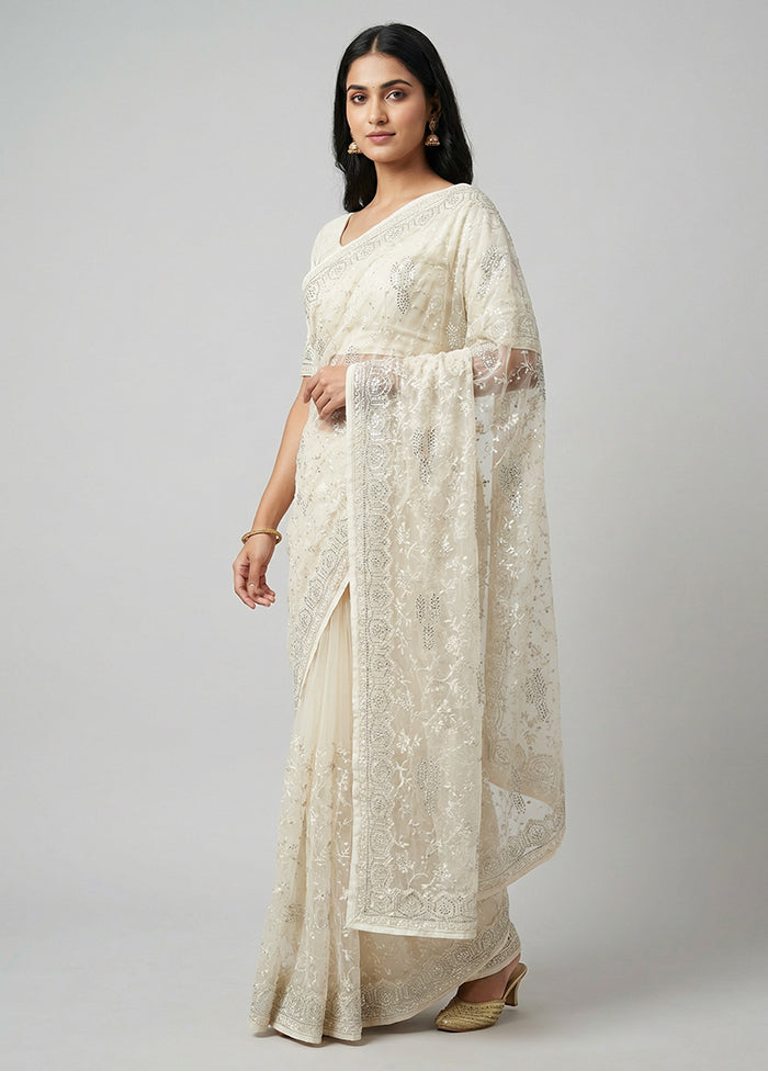 White Chiffon Silk Saree With Blouse Piece