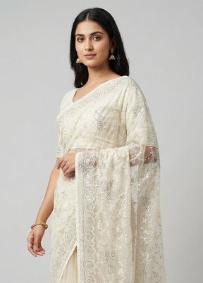 White Chiffon Silk Saree With Blouse Piece