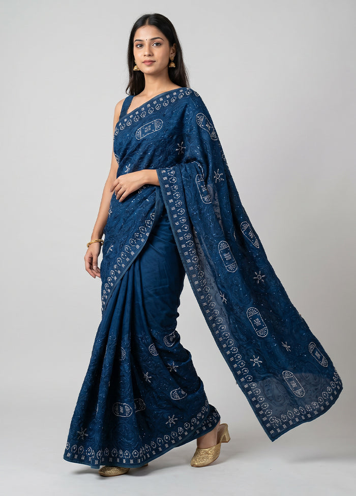 Blue Chiffon Silk Saree With Blouse Piece