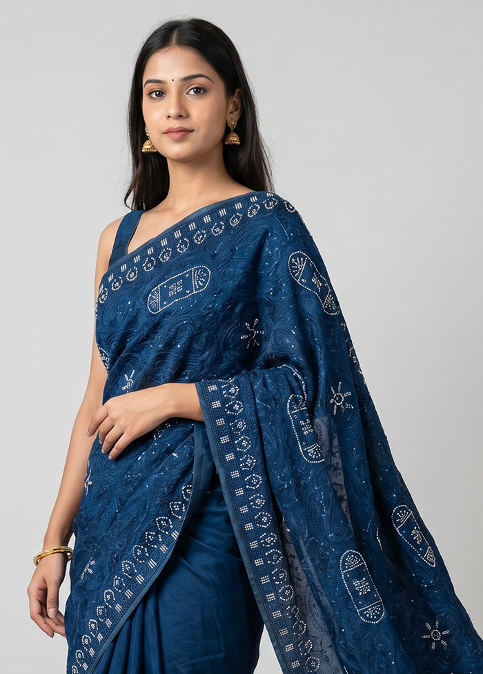 Blue Chiffon Silk Saree With Blouse Piece