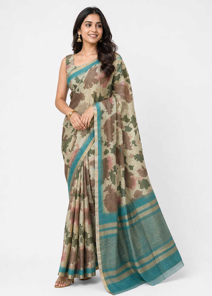 Cream Linen Silk Saree With Blouse Piece