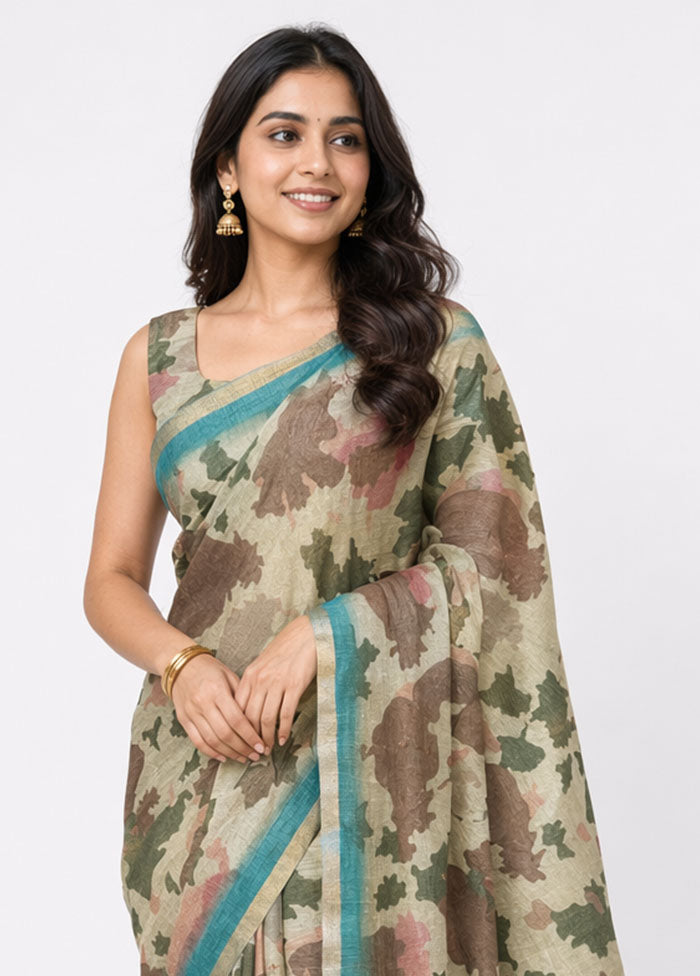 Cream Linen Silk Saree With Blouse Piece