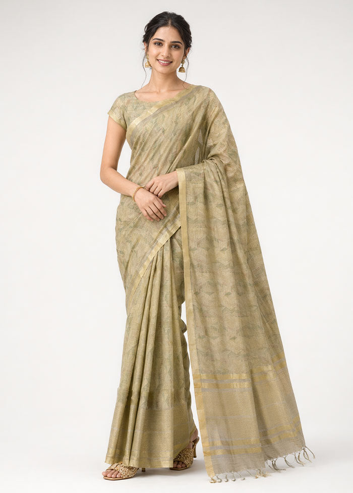 Cream Linen Silk Saree With Blouse Piece