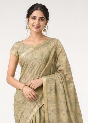 Cream Linen Silk Saree With Blouse Piece