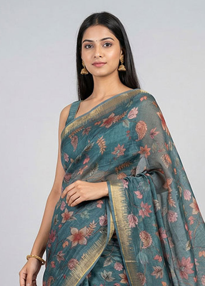 Blue Tussar Silk Saree With Blouse Piece