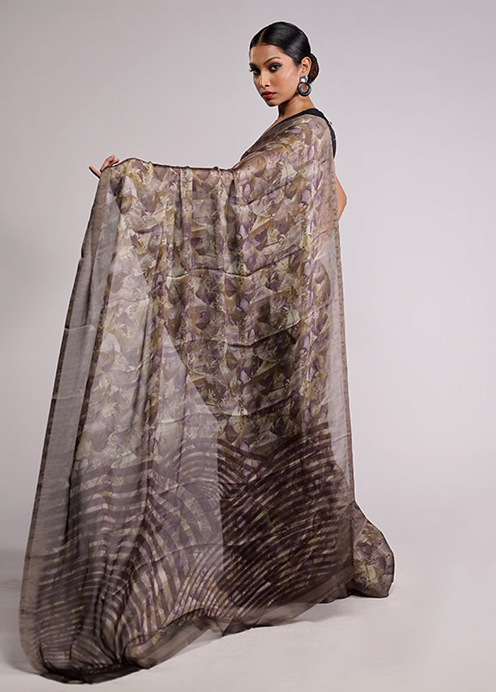 Grey Printed Silk Saree With Blouse Piece