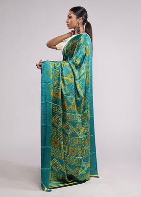 Green Printed Silk Saree Without Blouse Piece