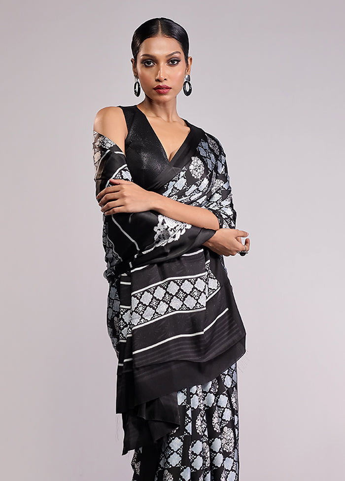 Black Printed Silk Saree With Blouse Piece