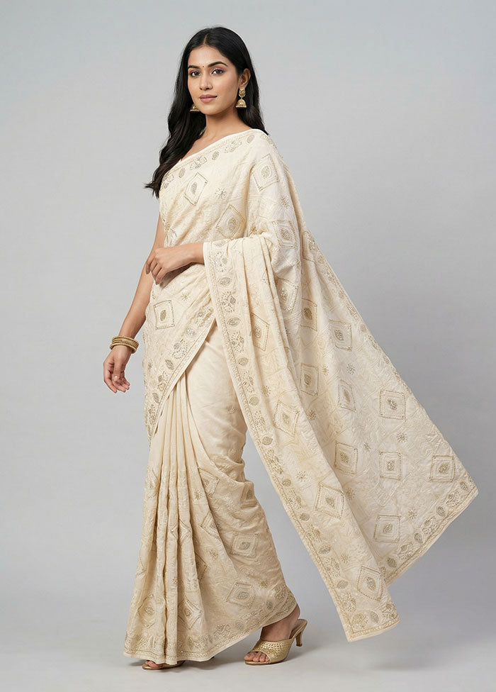 White Dupion Silk Saree With Blouse Piece