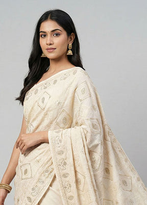 White Dupion Silk Saree With Blouse Piece