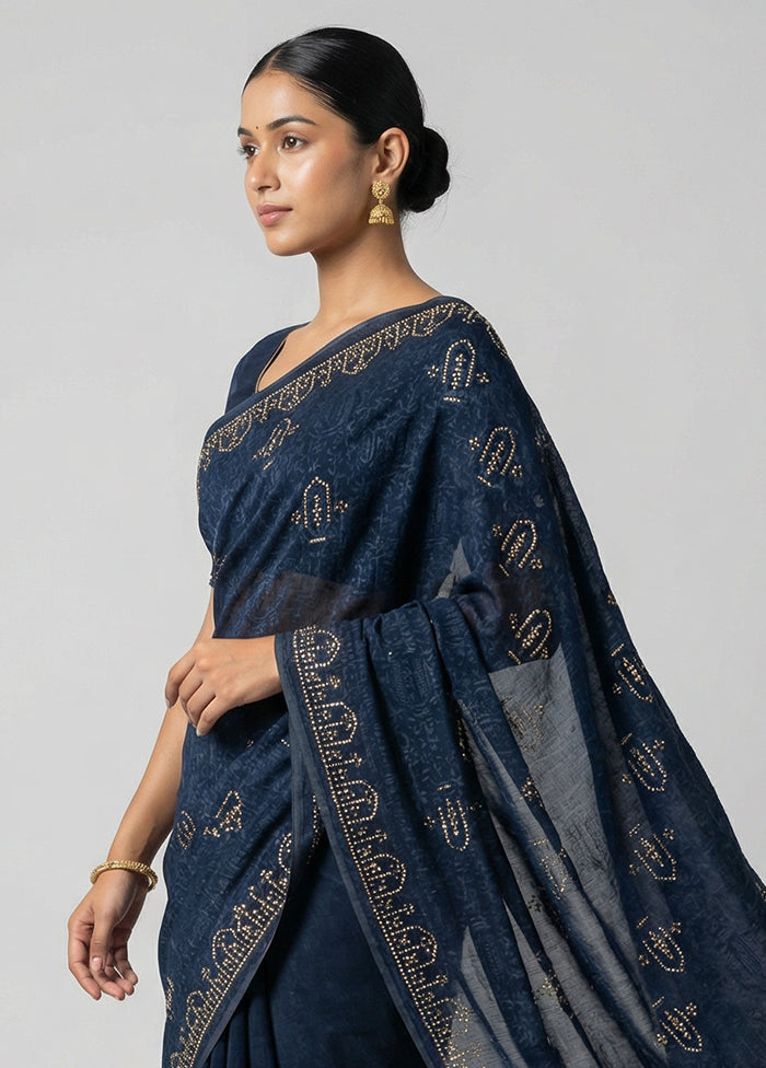 Blue Chiffon Silk Saree With Blouse Piece