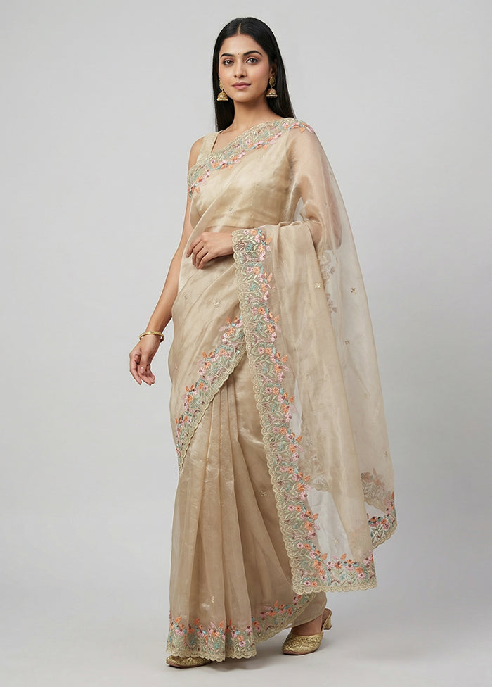Cream Organza Saree With Blouse Piece