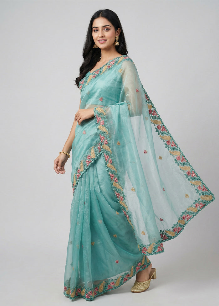 Blue Organza Saree With Blouse Piece
