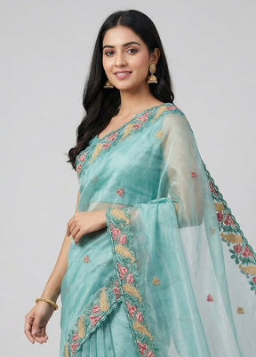 Blue Organza Saree With Blouse Piece