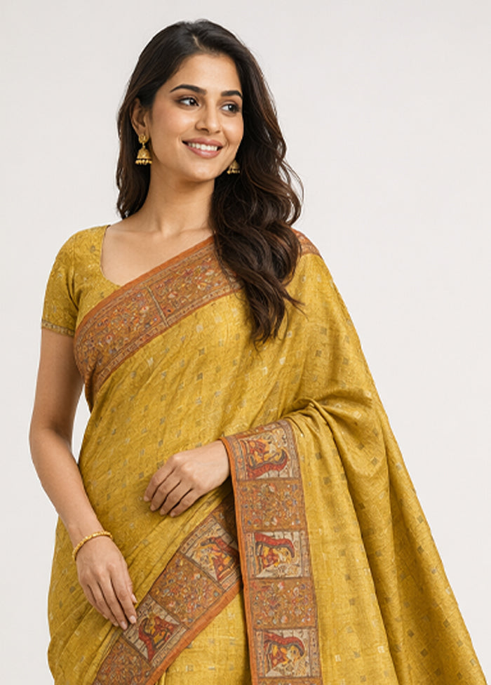 Yellow Tussar Silk Saree With Blouse Piece