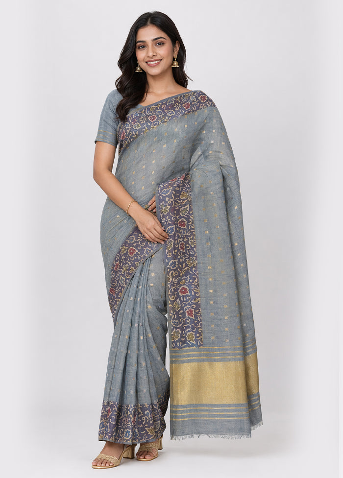 Grey Tussar Silk Saree With Blouse Piece