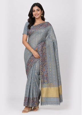 Grey Tussar Silk Saree With Blouse Piece