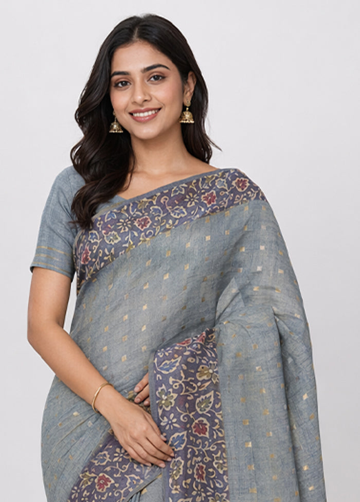 Grey Tussar Silk Saree With Blouse Piece