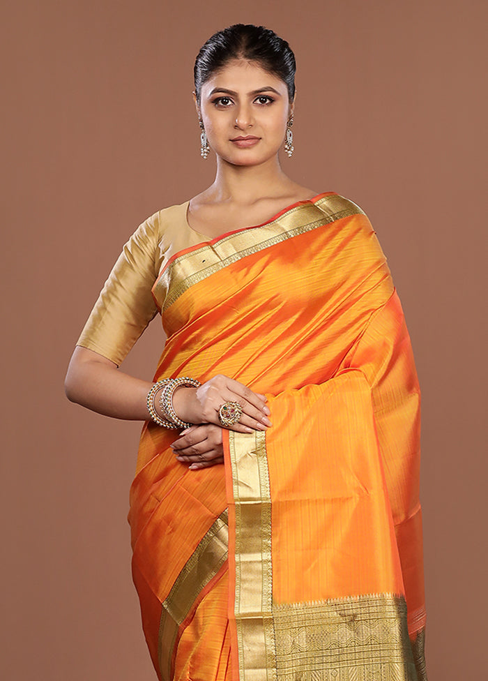 Orange Handloom Kanjivaram Pure Silk Saree With Blouse Piece