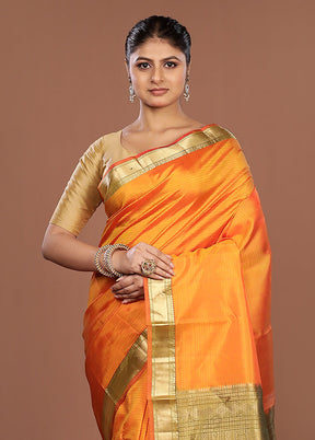 Orange Handloom Kanjivaram Pure Silk Saree With Blouse Piece