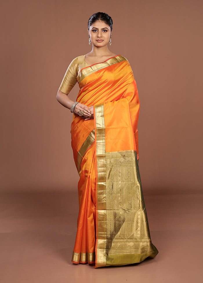 Orange Handloom Kanjivaram Pure Silk Saree With Blouse Piece